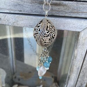 Barse Silver Flower Scroll Ball Pendant Necklace w/Blue & White Stones. EUC!